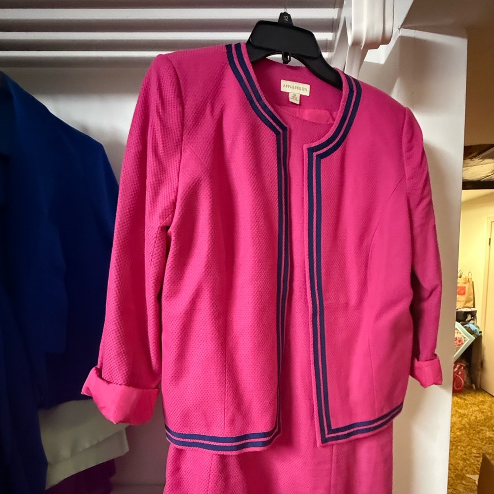 Appleseed's Vibrant Pink Blazer with Navy Trim and sleeveless dress